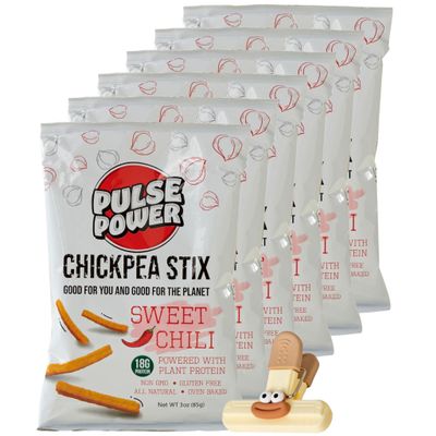 Pulse Power Chickpea Sweet Chili Pack of 6, 3 oz Bags Chckpea Snacks and Chckpea Chips Vegan Protein Chips from Pulses and Chickpeas Snack Pack with a Random Item 7 items