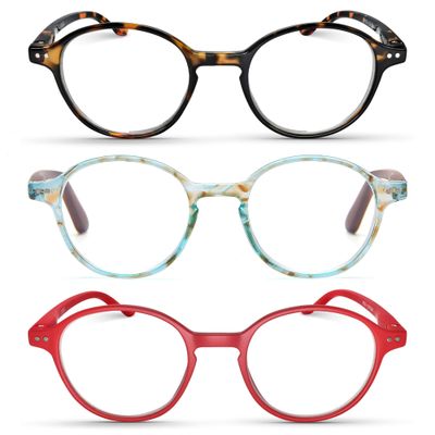 2SeeLife 3-Pack Small Round Reading Glasses for Men & Women Narrow-Medium Fit, Sturdy Frame, Spring Hinges, Premium Retro Readers, Brown Tortoise, Aqua Blue, Red, +1.50
