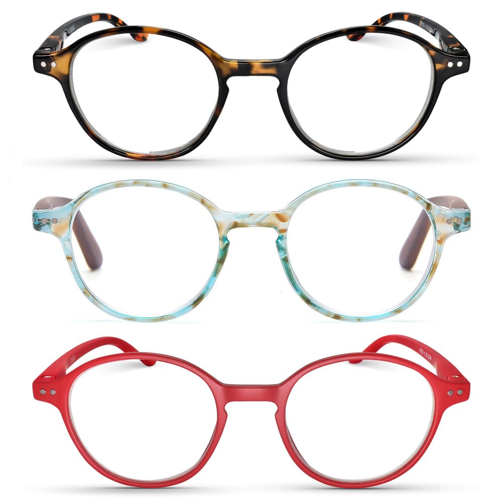 2SeeLife 3-Pack Small Round Reading Glasses for Men & Women Narrow-Medium Fit, Sturdy Frame, Spring Hinges, Premium Retro Readers, Brown Tortoise, Aqua Blue, Red, +1.50