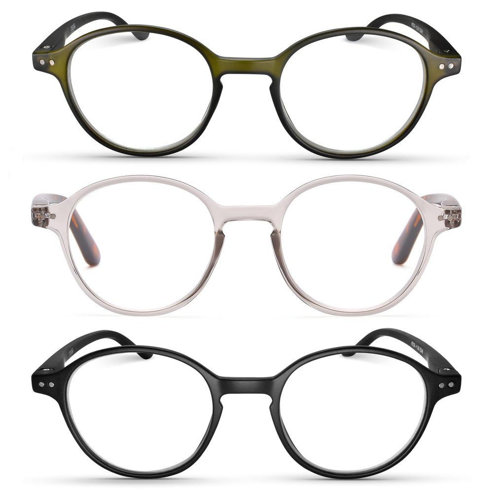 2SeeLife 3-Pack Small Round Reading Glasses for Men & Women Narrow-Medium Fit, Sturdy Frame, Spring Hinges, Premium Retro Readers, Green Wood, Clear Tortoise, Black, +3.00