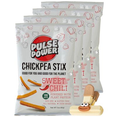 Pulse Power Chickpea Sweet Chili 3 oz Bags Chckpea Snacks and Chckpea Chips Vegan Protein Chips from Pulses and Chickpeas 4 Count Snack Pack with bag clips