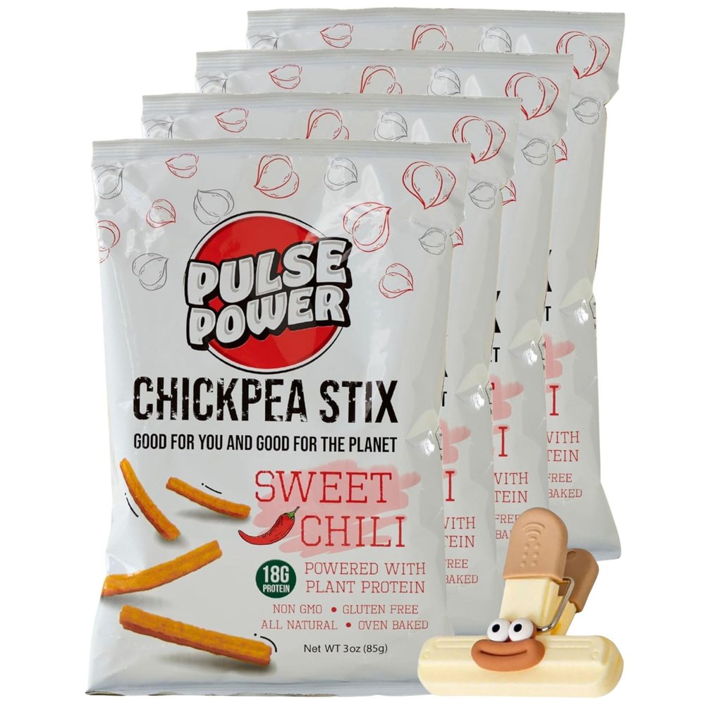 Pulse Power Chickpea Sweet Chili 3 oz Bags Chckpea Snacks and Chckpea Chips Vegan Protein Chips from Pulses and Chickpeas 4 Count Snack Pack with bag clips