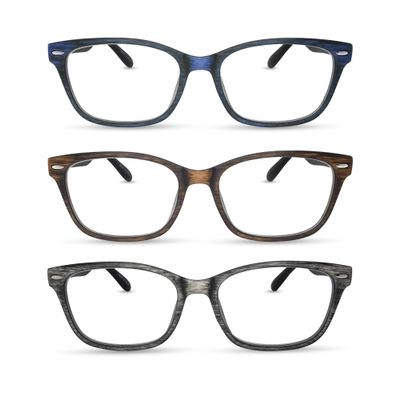 2SeeLife 3-Pack Wood Tone TR-90 Reading Glasses for Men Medium-Wide Fit, Durable & Sturdy Frame, Spring Hinges, Premium Readers, Blue, Brown, Gray, +1.75
