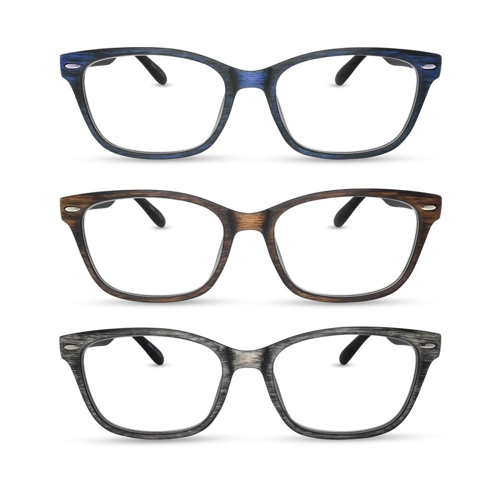 2SeeLife 3-Pack Wood Tone TR-90 Reading Glasses for Men Medium-Wide Fit, Durable & Sturdy Frame, Spring Hinges, Premium Readers, Blue, Brown, Gray, +1.75