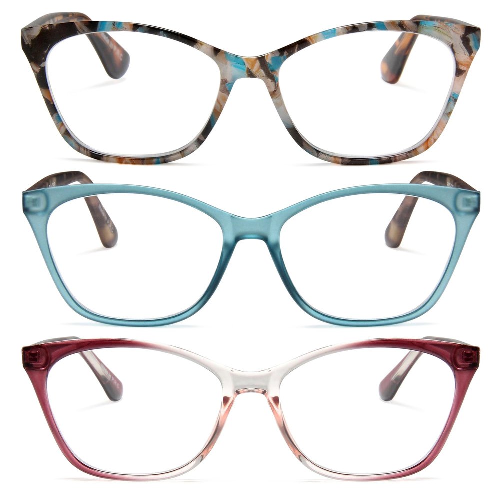 2SeeLife 3-Pack Large Cat Eye Reading Glasses for Women - Medium-Wide Faces, Durable Frame, Spring Hinges, Oversized Cateye Readers, Rose-Blue Tortoise, Turquoise, Purple, +2.00