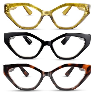 2SeeLife 3-Pack Oversized TR-90 Cat Eye Reading Glasses for Women Medium-Wide Fit, Sturdy Frame, Premium Geometric Readers, Amber Gold, Black, Brown Tortoise, +2.75