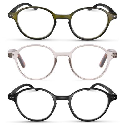2SeeLife 3-Pack Small Round Reading Glasses for Men & Women Narrow-Medium Fit, Sturdy Frame, Spring Hinges, Premium Retro Readers, Green Wood, Clear Tortoise, Black, +2.00
