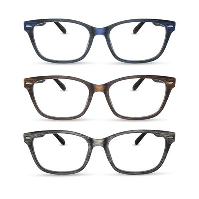 2SeeLife 3-Pack Wood Tone TR-90 Reading Glasses for Men Medium-Wide Fit, Durable & Sturdy Frame, Spring Hinges, Premium Readers, Blue, Brown, Gray, +2.50