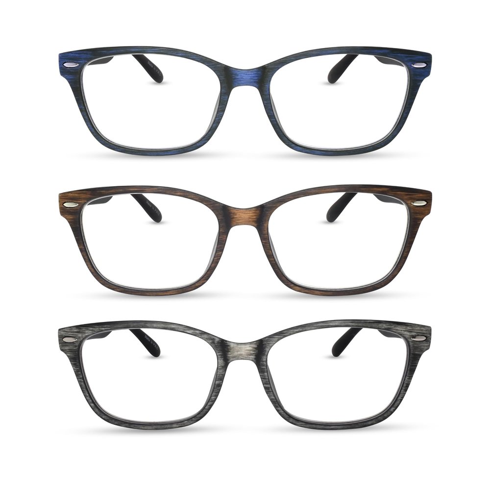 2SeeLife 3-Pack Wood Tone TR-90 Reading Glasses for Men Medium-Wide Fit, Durable & Sturdy Frame, Spring Hinges, Premium Readers, Blue, Brown, Gray, +2.50