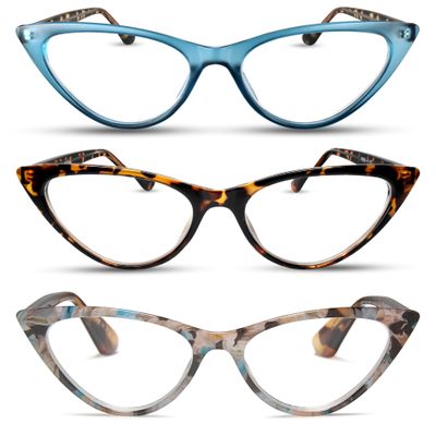 2SeeLife 3-Pack Small Cat Eye Reading Glasses for Women Narrow-Medium Fit, Sturdy Frame, Spring Hinges, Premium Funky Readers, Turquoise, Brown Tortoise, Rose-Blue Tortoise, +1.25