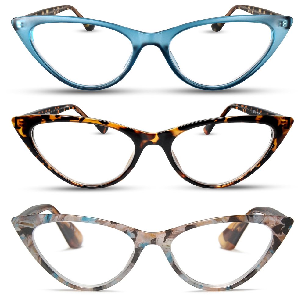2SeeLife 3-Pack Small Cat Eye Reading Glasses for Women Narrow-Medium Fit, Sturdy Frame, Spring Hinges, Premium Funky Readers, Turquoise, Brown Tortoise, Rose-Blue Tortoise, +1.25