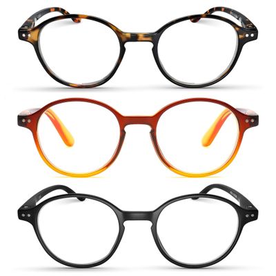 2SeeLife 3-Pack Small Round Reading Glasses for Men & Women Narrow-Medium Fit, Sturdy Frame, Spring Hinges, Premium Retro Readers, Brown Tortoise, Brown, Black, +1.25