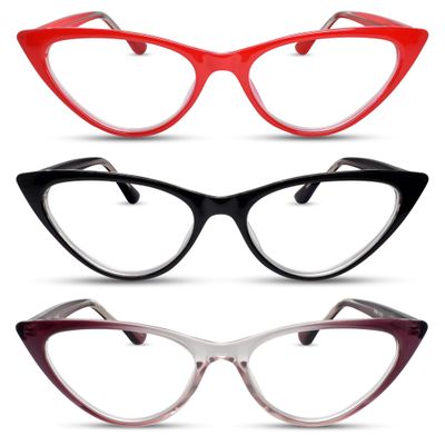 2SeeLife 3-Pack Small Cat Eye Reading Glasses for Women Narrow-Medium Fit, Sturdy Frame, Spring Hinges, Premium Funky Readers, Red, Black, Purple, +2.00
