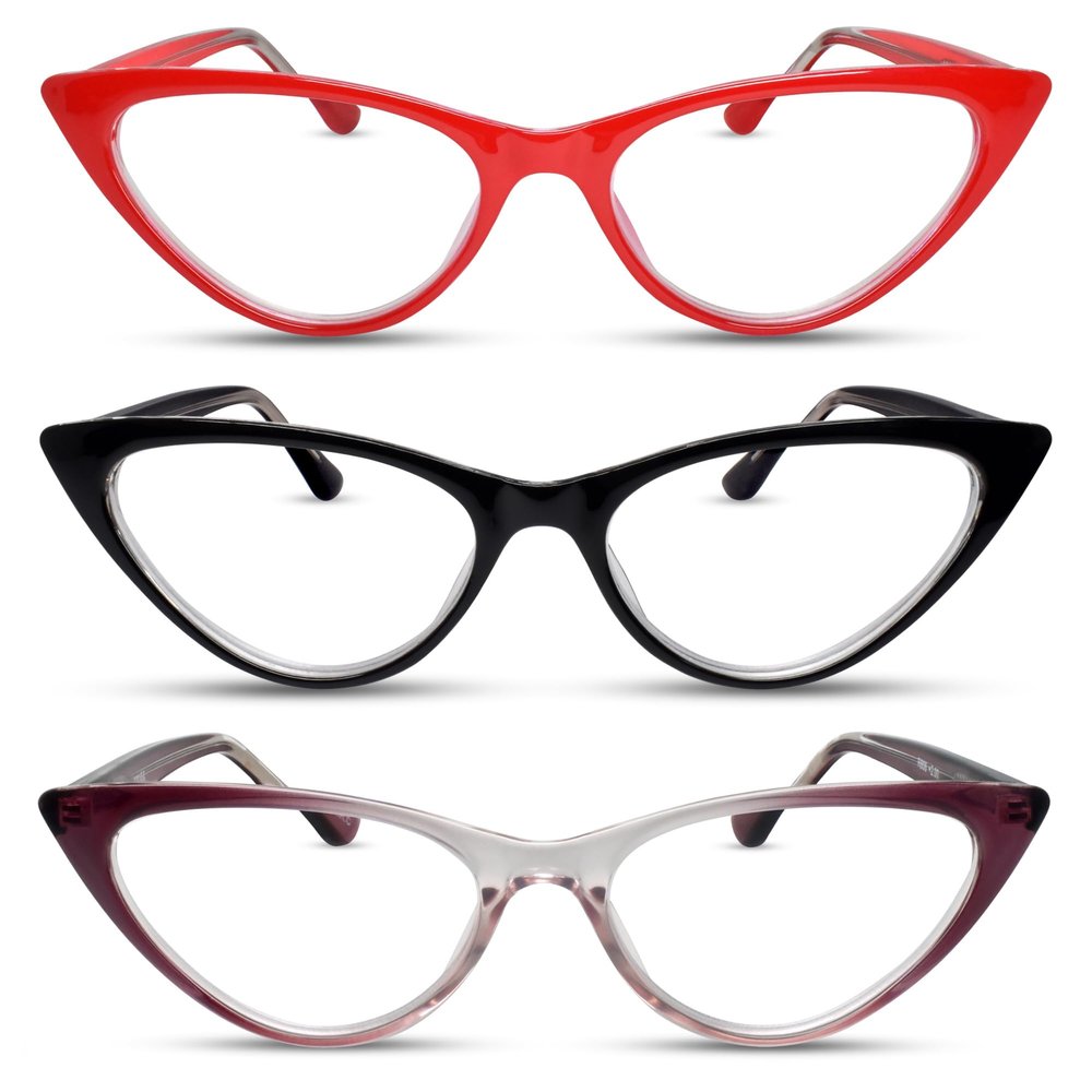 2SeeLife 3-Pack Small Cat Eye Reading Glasses for Women Narrow-Medium Fit, Sturdy Frame, Spring Hinges, Premium Funky Readers, Red, Black, Purple, +2.00
