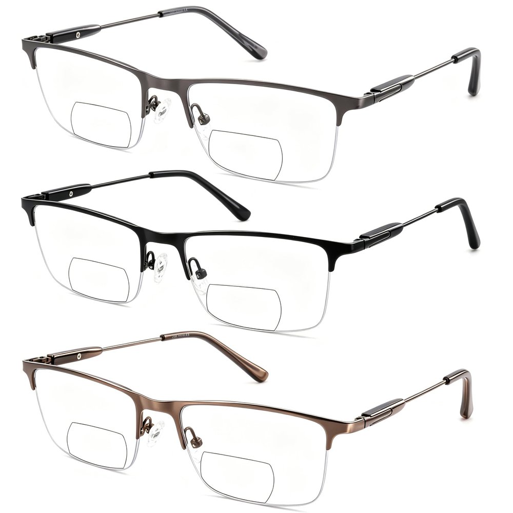 Ryegis 3 Pack Men's Bifocal Reading Glasses, Anti Blue Light Half Frame Spring Hinge Readers 3.0