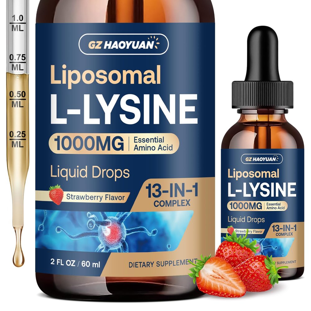 Liposomal L-lysine 1000MG Liquid Drops, 13-in-1 Lysine Monolaurin Supplements Olive Leaf Extract with Vitamin C, B6, D3, B12 & Zinc for Collagen, Lip, Skin & Immune Support,Strawberry Flavor,2Fl Oz