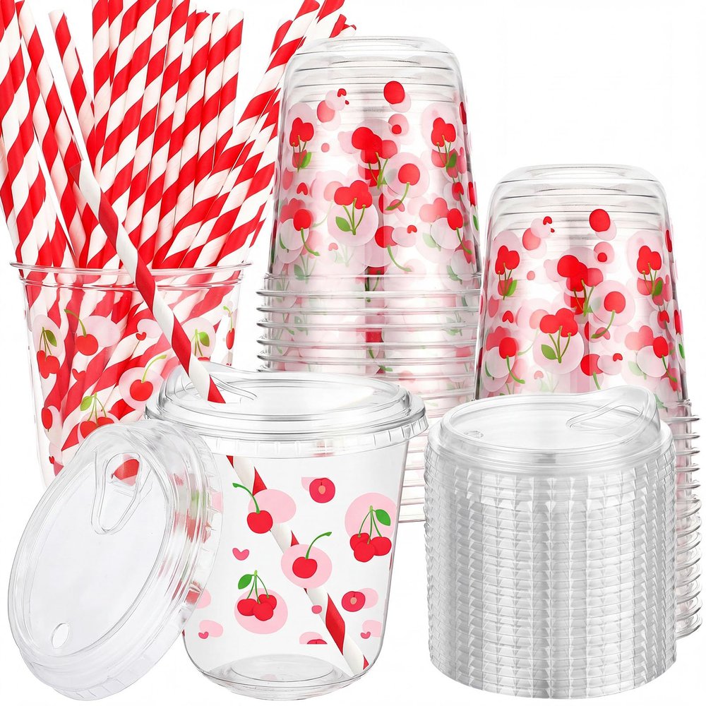 LemonRoad 50 Sets Cherry Clear Plastic Cups with Lids & Straws 12 oz Red Party Tumblers for Iced Coffee, Smoothies, Juice & More Cute Disposable Pet Mugs for Birthdays & Gatherings