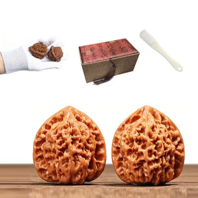 verdawave Wenwan Walnut Pair Chinese Hand Massage Balls Natural Fidget Stress Relief Hand Rolling Exercise Artificial Matched Like Twins with Gift Box Cleaning Brush Gloves 1.8-2.0in