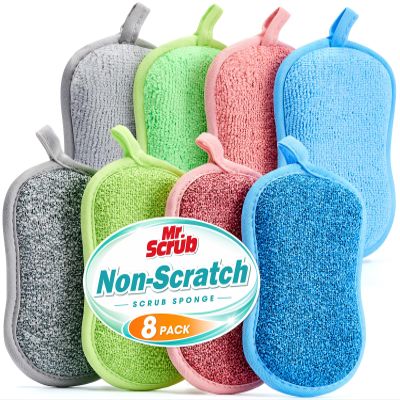 Mr. Scrub Sponges Kitchen Dish Sponge for Washing Dishes Cleaning Kitchen, 8 Pack, Non Scratch, Rough Scrubbers Side for Non-Stick Cookware, Soft Microfiber Scrub Side for Dishes, Multicolor
