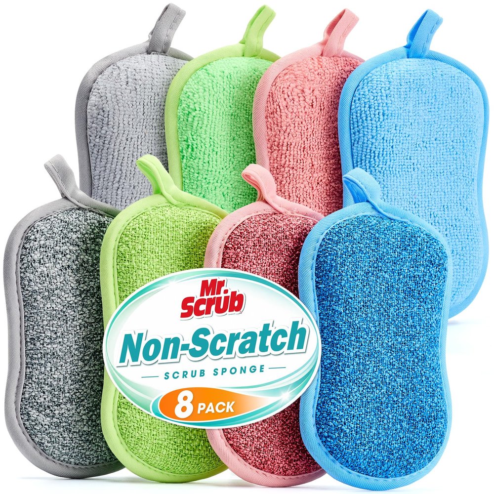 Mr. Scrub Sponges Kitchen Dish Sponge for Washing Dishes Cleaning Kitchen, 8 Pack, Non Scratch, Rough Scrubbers Side for Non-Stick Cookware, Soft Microfiber Scrub Side for Dishes, Multicolor