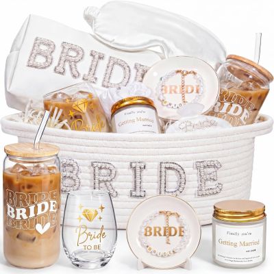 Zopeal Bridal Shower Gifts Basket for Bride to Be, Bride Gift Basket with Cup and Bridal Accessories, Bachelorette Party Engagement Wedding Keepsake Gift for Future Mrs, Wife(Pearl)