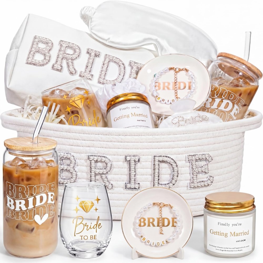 Zopeal Bridal Shower Gifts Basket for Bride to Be, Bride Gift Basket with Cup and Bridal Accessories, Bachelorette Party Engagement Wedding Keepsake Gift for Future Mrs, Wife(Pearl)