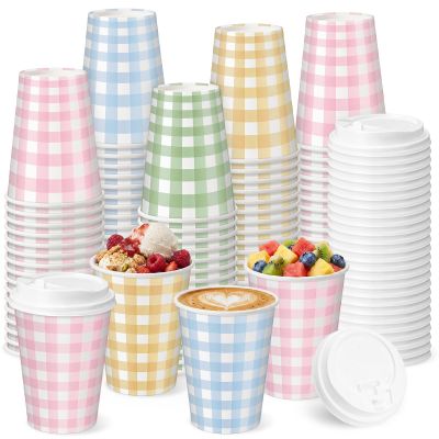 Yungyan 60 Pack Gingham Disposable Coffee Cups with Lids 12oz Pastel Checkered Paper Cups Bulk for Tea Coffee Hot Cocoa Pastel Plaid Party Supplies for Gender Reveal Baby Showers Bridal Showers