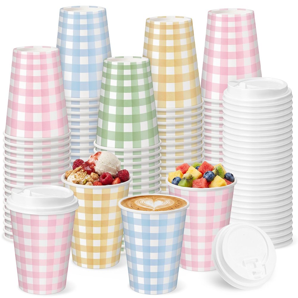 Yungyan 60 Pack Gingham Disposable Coffee Cups with Lids 12oz Pastel Checkered Paper Cups Bulk for Tea Coffee Hot Cocoa Pastel Plaid Party Supplies for Gender Reveal Baby Showers Bridal Showers