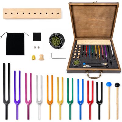 10 Frequency Tuning Fork Set, Solfeggio Tuning Forks with Premium Wooden Storage Case, Wooden Bases & Activator, 174Hz963Hz