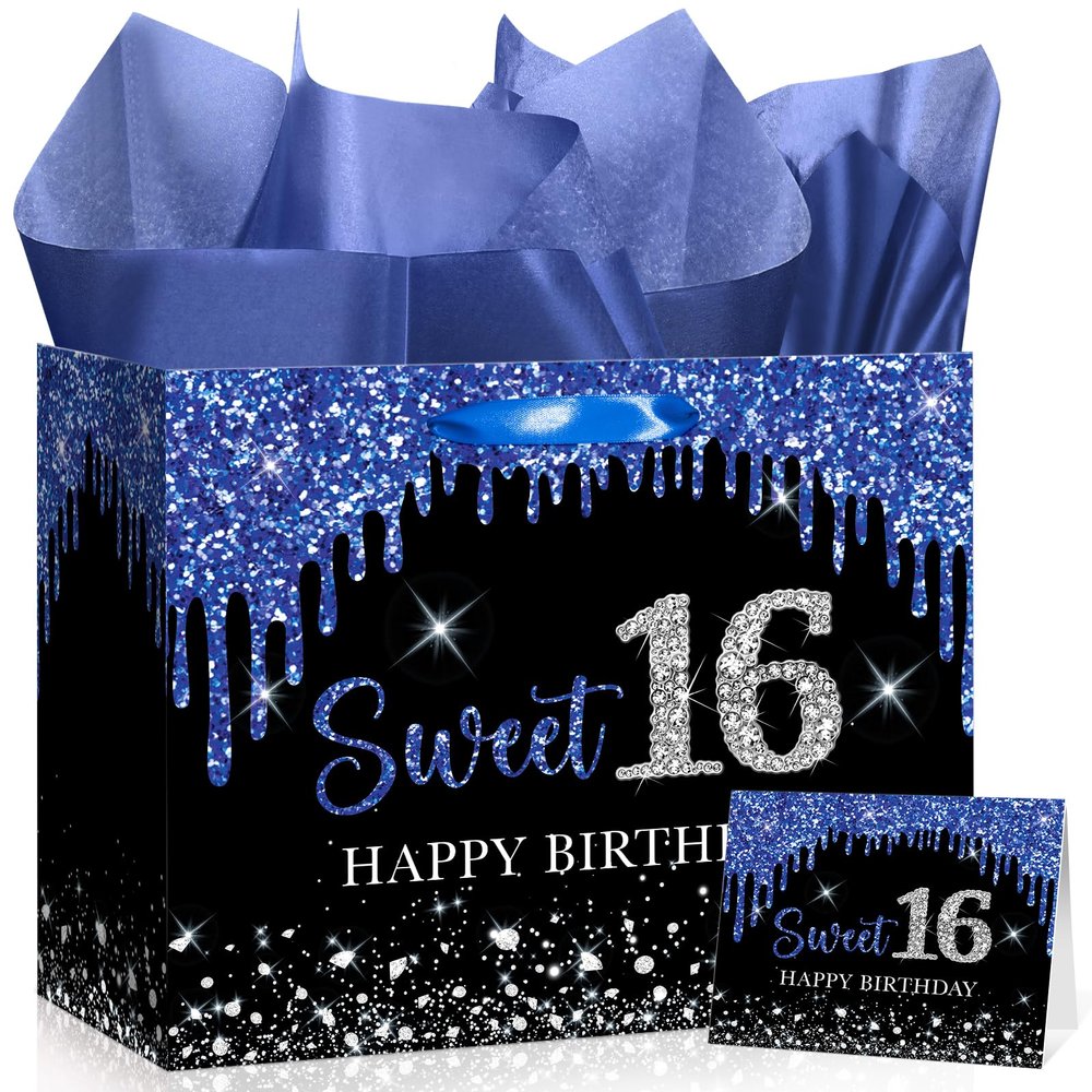 Yoirrat Sweet 16 Gift Bag with Tissue Paper & Greeting Card Large Blue Black Glitter 16th Birthday Gift Bags for Girls Sweet Sixteen Bday Party Supplies Favors for Daughter Granddaughter Niece Bestie