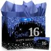 Yoirrat Sweet 16 Gift Bag with Tissue Paper & Greeting Card Large Blue Black Glitter 16th Birthday Gift Bags for Girls Sweet Sixteen Bday Party Supplies Favors for Daughter Granddaughter Niece Bestie view 1