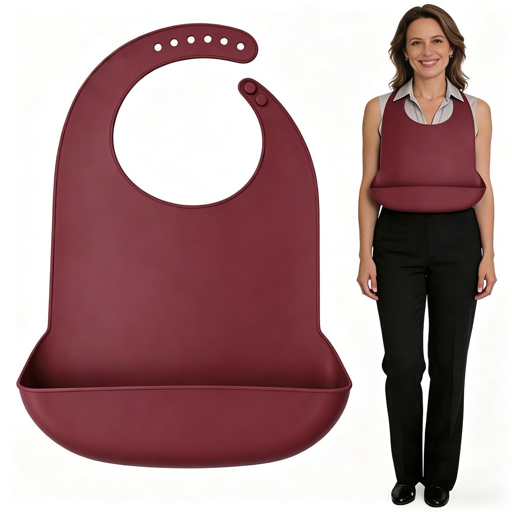 varlldibao Adult Bibs for Men & WomenAdjustable Adult Silicone Bib Washable Waterproof Bibs for Adults with Crumb Catcher (1, Dull Red)