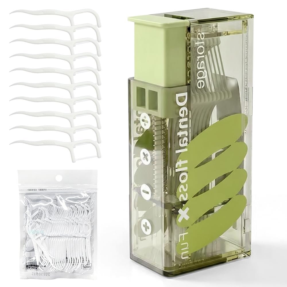 2026 New Floss Picks Holder, Automatic Pop-up Portable Floss Dispenser, Refillable Holder Boxes with 10 Floss Picks for Teeth Cleaning (Matcha)