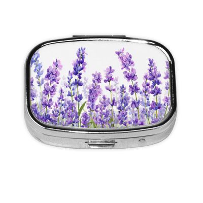 Preppy Lavender Flowers Watercolor Pill Box Square Metal Pill Case with 2 Compartment Travel Pill Organizer for Vitamins Medication