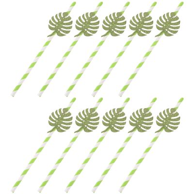 HINTRMENT 10pcs Monstera Tropical Leaf Paper Straws Glitter Decorative Cocktail Straws for Pool Party Summer Drinks