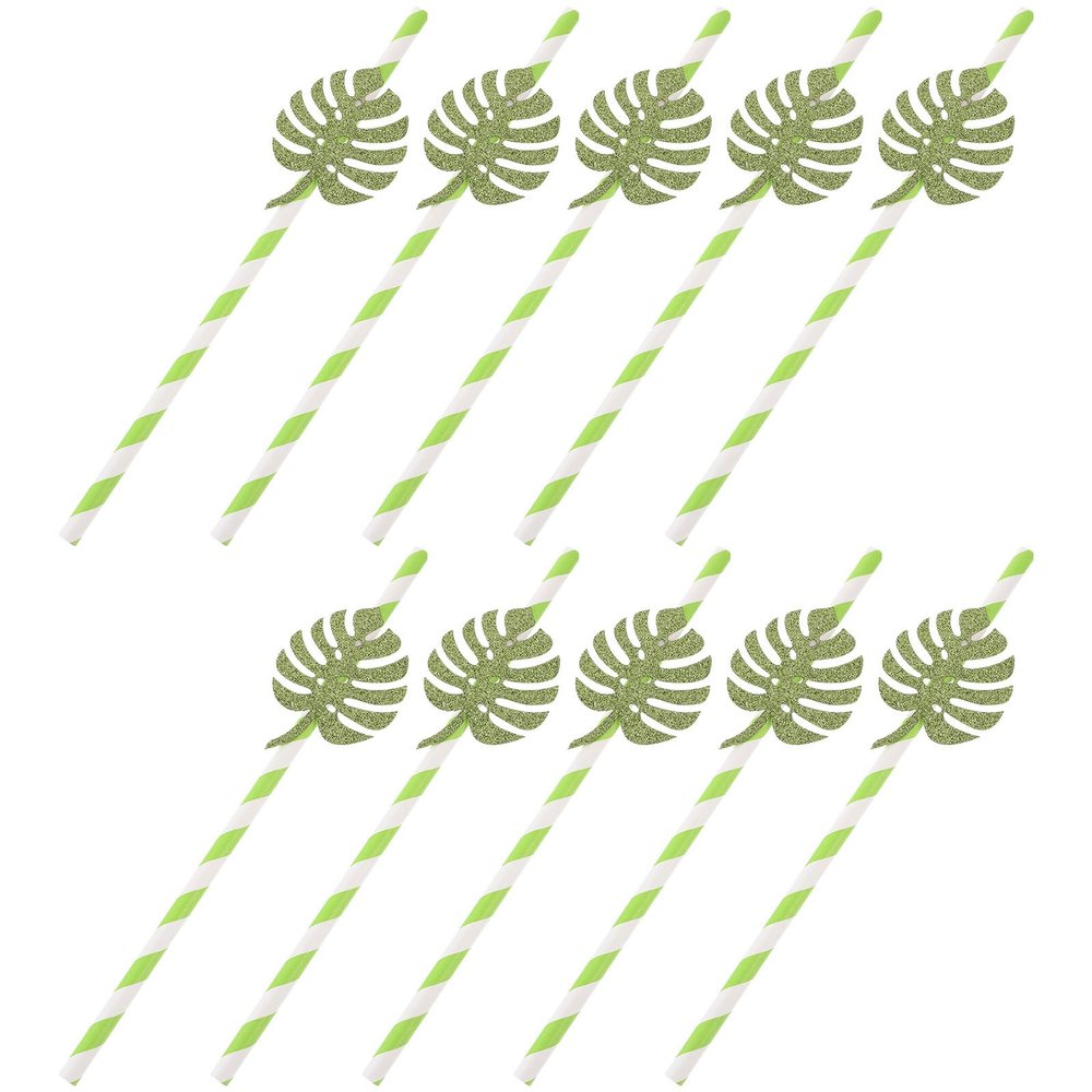 HINTRMENT 10pcs Monstera Tropical Leaf Paper Straws Glitter Decorative Cocktail Straws for Pool Party Summer Drinks