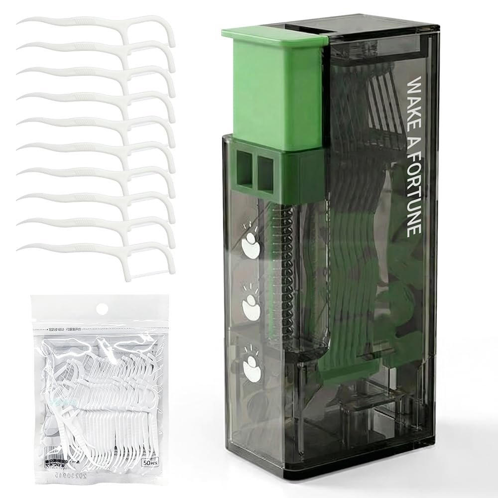 2026 New Floss Picks Holder, Automatic Pop-up Portable Floss Dispenser, Refillable Holder Boxes with 10 Floss Picks for Teeth Cleaning (Green)