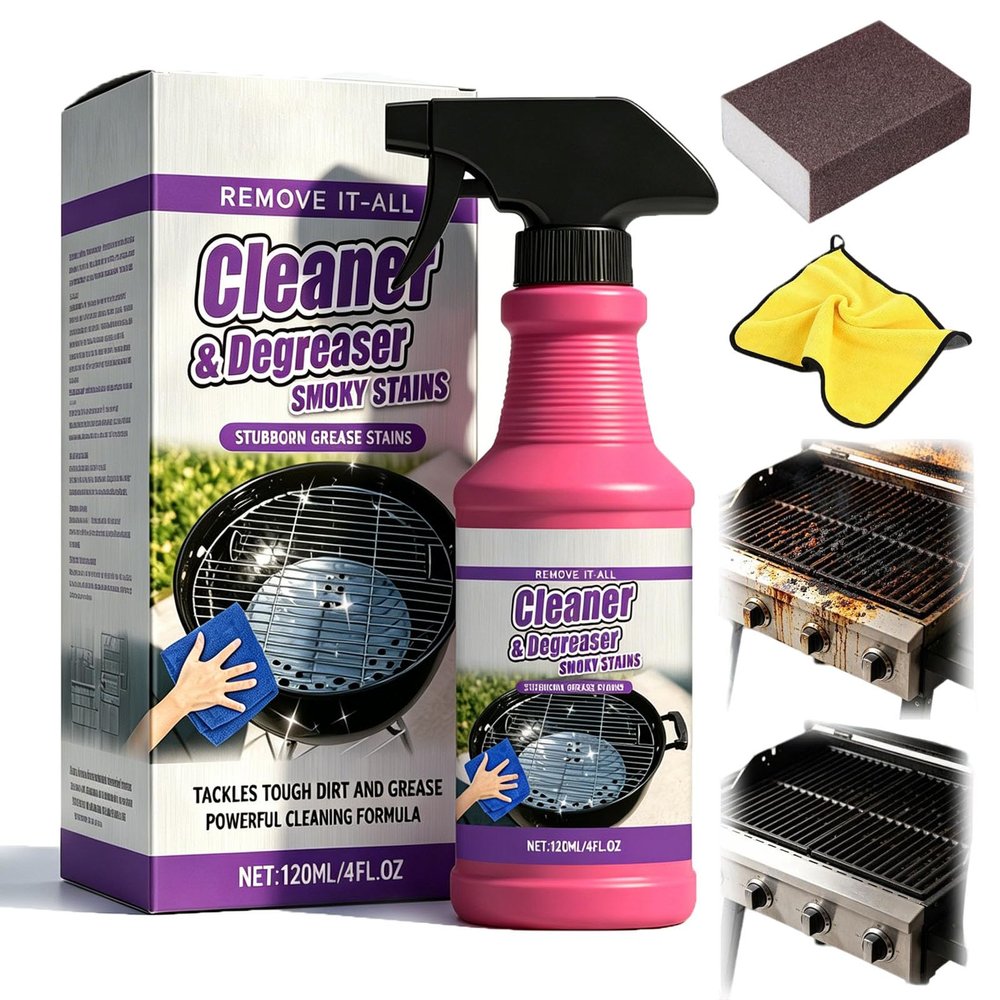 2026 New Fast-Acting Heavy-Duty Grill Degreaser Spray, 120ml BBQ Grill Cleaner, Grill and Smoker Cleaner and Degreaser for Outdoor Grills,Oven,Stove Top,with Nano Carborundum Sponge (1PCS)