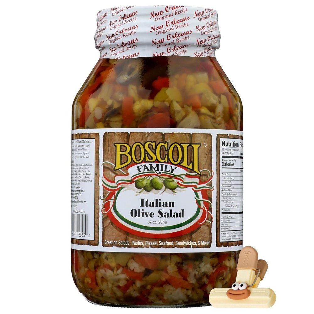 Boscoli Olive Salad 32 oz Jars 1 Pack Family Size Salad Olives Boscoli Italian Mix Olive Muffalata for Family Salads with bag clips