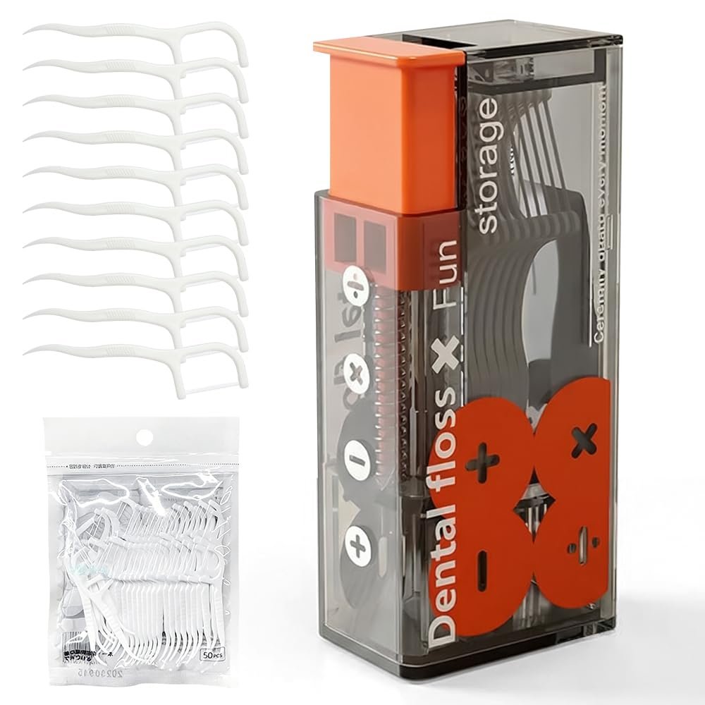 2026 New Floss Picks Holder, Automatic Pop-up Portable Floss Dispenser, Refillable Holder Boxes with 10 Floss Picks for Teeth Cleaning (Orange)