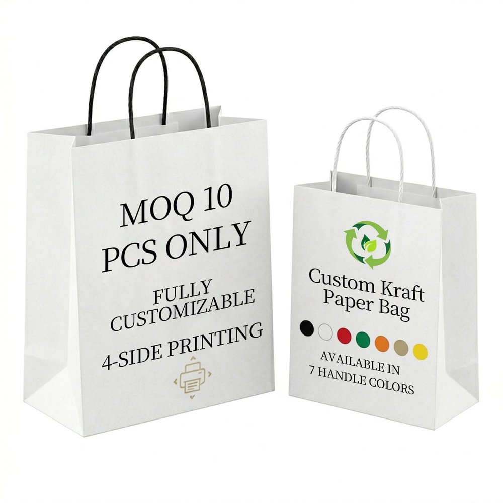Custom logo paper bags (minimum order quantity 10), four-sided printing, handle color optional, premium kraft paper gift bags, suitable for small businesses and retailers. (5.9" 3.1" 8.25")
