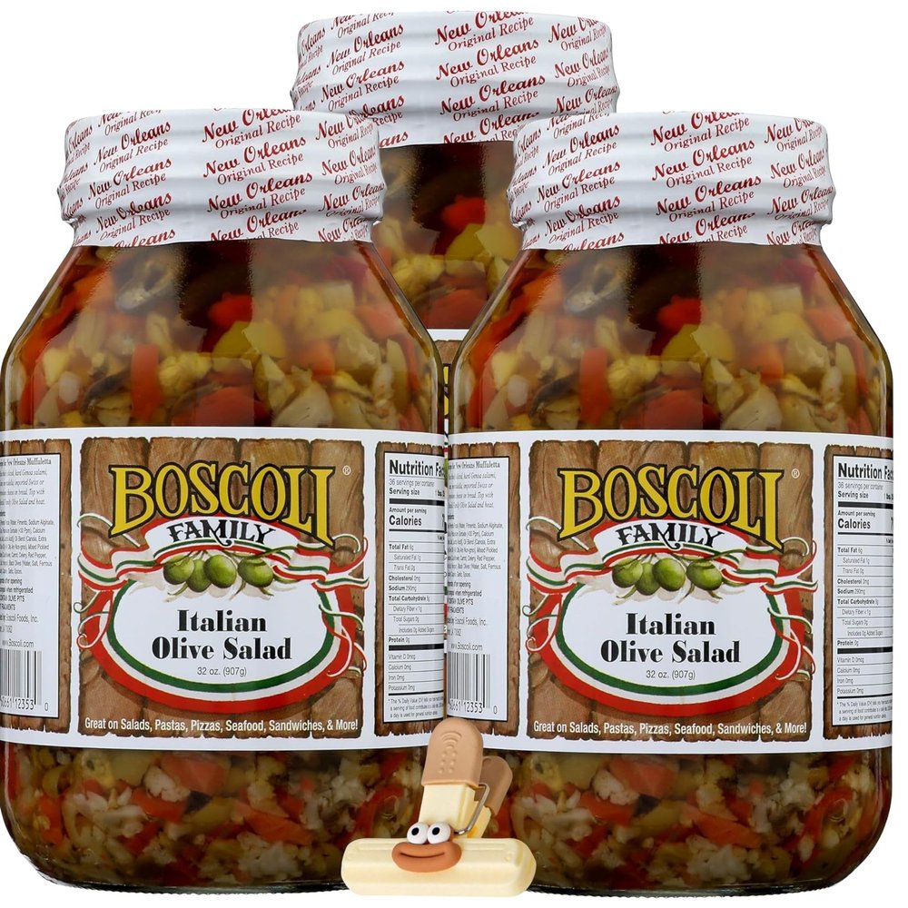 Boscoli Olive Salad 32 oz Jars 3 Pack Family Size Salad Olives Boscoli Italian Mix Olive Muffalata for Family Salads with a Random Item 4 items