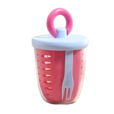 WASTROYAL Portable Fruit Cup with Built-in Fork, Leakproof Double-Layer Snack Shaker Container for School Office Travel, Fresh Fruit Storage (Pink)