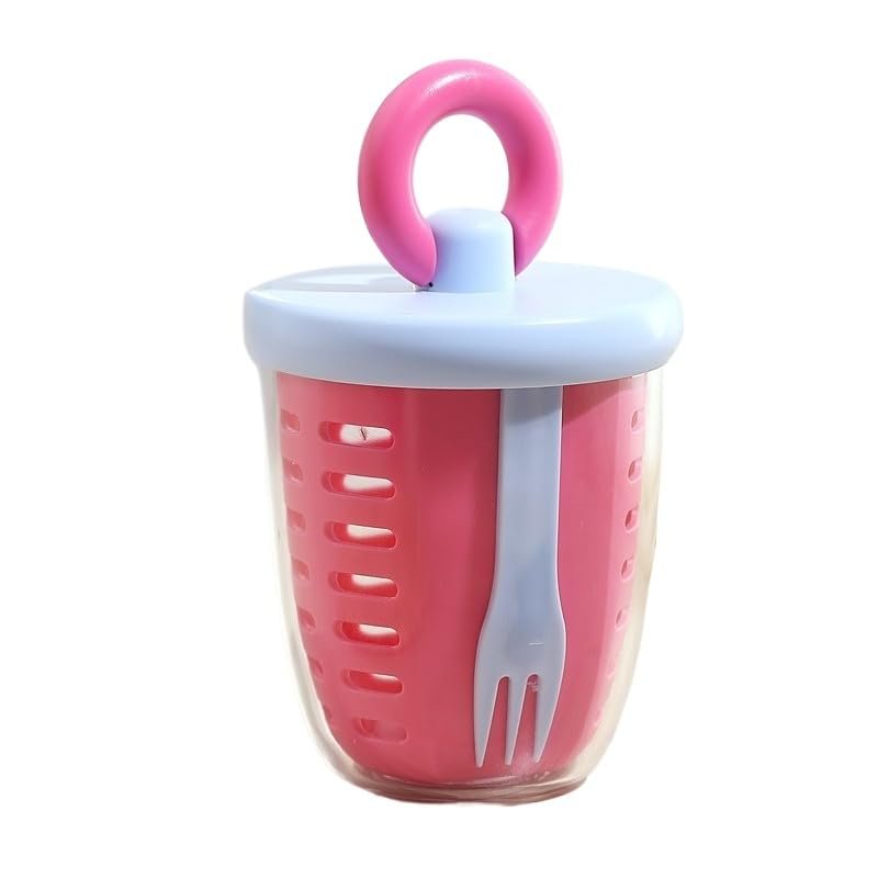 WASTROYAL Portable Fruit Cup with Built-in Fork, Leakproof Double-Layer Snack Shaker Container for School Office Travel, Fresh Fruit Storage (Pink)