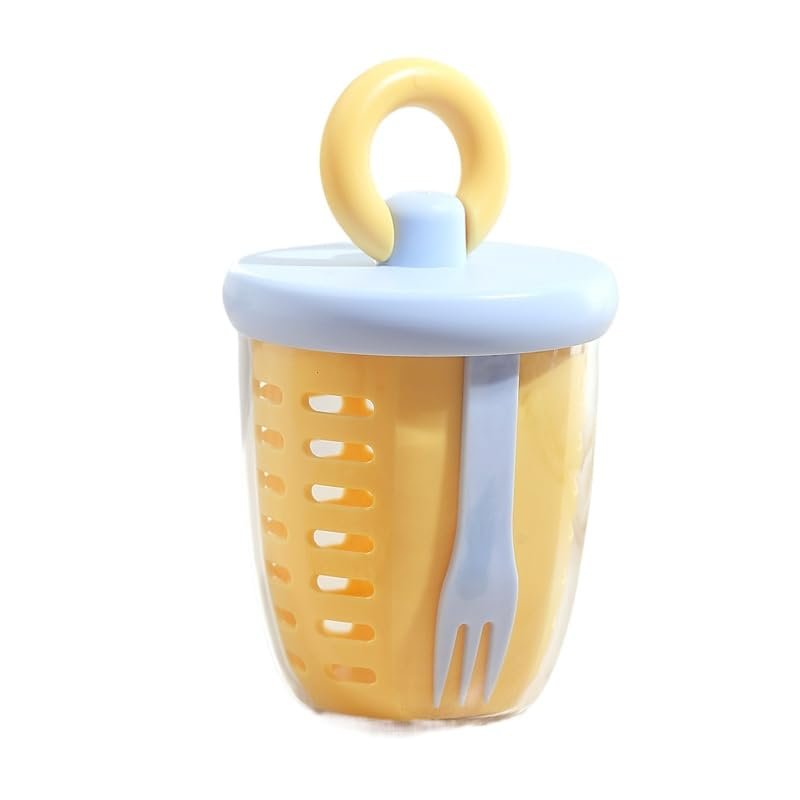 WASTROYAL Portable Fruit Cup with Built-in Fork, Leakproof Double-Layer Snack Shaker Container for School Office Travel, Fresh Fruit Storage (Yellow)
