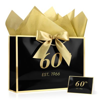 JMANNI 60th Birthday Gift Bag with Card and Tissue Paper for Men Women Him, 13" Elegant Black Gold Anniversary Keepsake Party Present Shopping Paper Bags for Gifts Wrapping EST.1966/Black/Medium