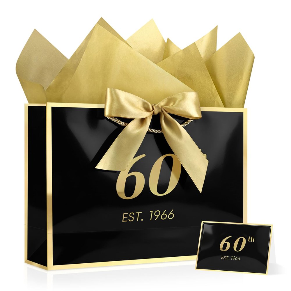 JMANNI 60th Birthday Gift Bag with Card and Tissue Paper for Men Women Him, 13" Elegant Black Gold Anniversary Keepsake Party Present Shopping Paper Bags for Gifts Wrapping EST.1966/Black/Medium