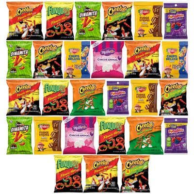 Arpandepot Treat Variety Pack Cookies (Chips Deluxe, Fudge Stripes, Funables, Mothers Circus Animal Cookies) & Frito_Lay Fiery Mix Variety Pack Spicy Snack Chips Bundle, 28 Count Individually Wrapped Snacks for Lunches, Office, Parties