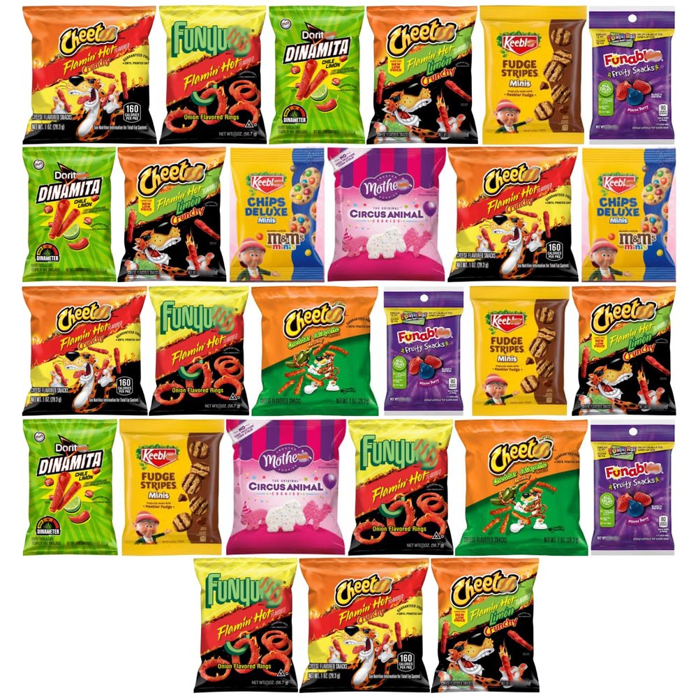 Arpandepot Treat Variety Pack Cookies (Chips Deluxe, Fudge Stripes, Funables, Mothers Circus Animal Cookies) & Frito_Lay Fiery Mix Variety Pack Spicy Snack Chips Bundle, 28 Count Individually Wrapped Snacks for Lunches, Office, Parties