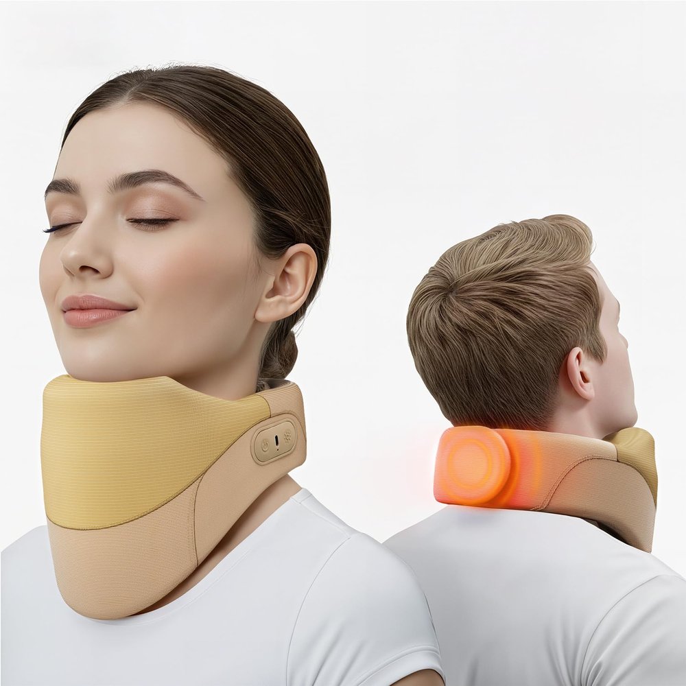 Yunari Cordless Neck Brace for Cervical Spine Posture Correction and Support, Patented Traction Device with Intelligent Adjust and Hot Compress, Neck Brace for Men and Women,(Beige, Medium)
